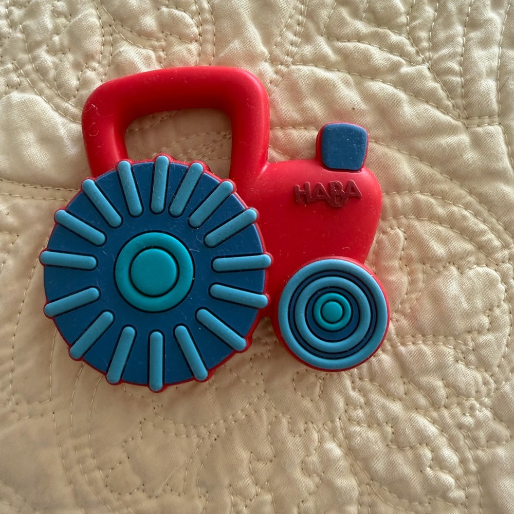 🆕HABA Red and Blue Baby Tractor Car Silicone Teether,Sensory Chew Toys,BPA Free